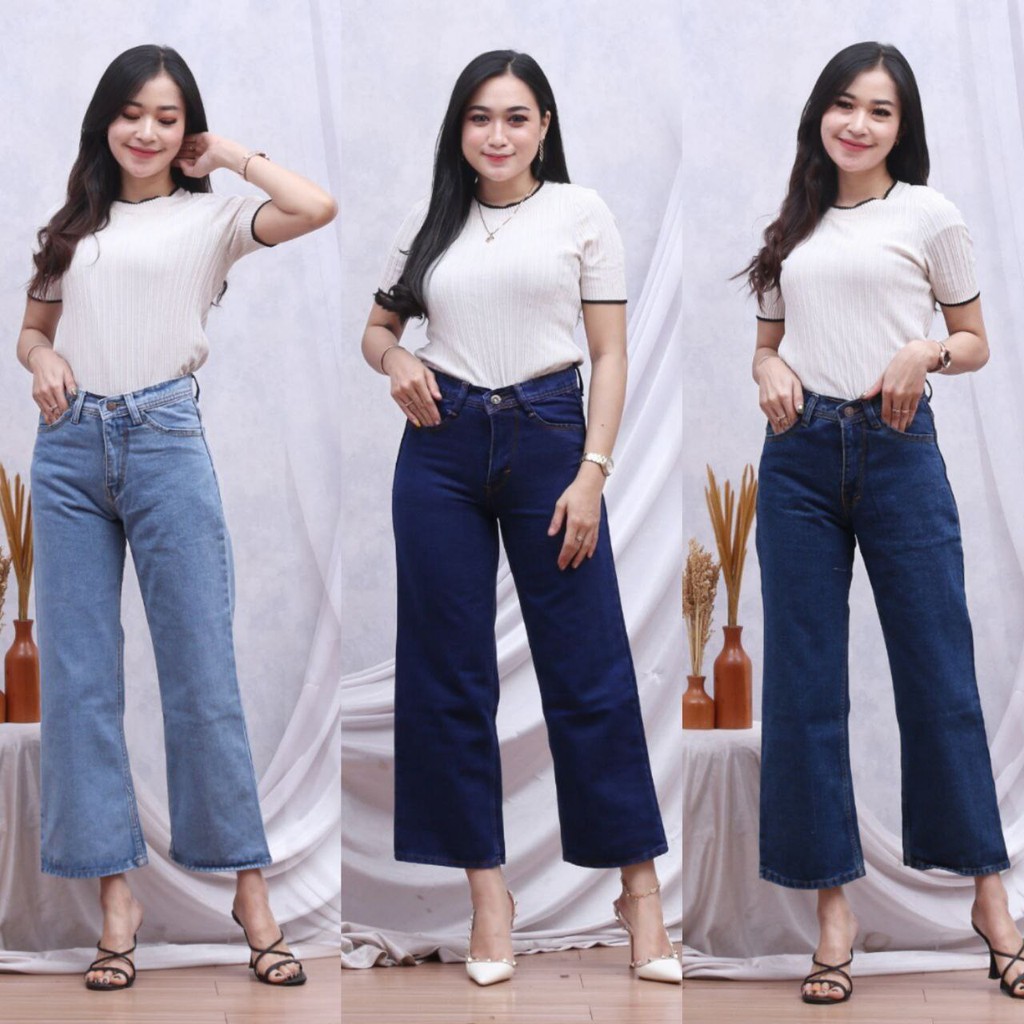 Celana Boyfriend Jeans Wanita / Highwaist Panjang ESROCTE P03 Navy Biru Muda/ /Bf Polos