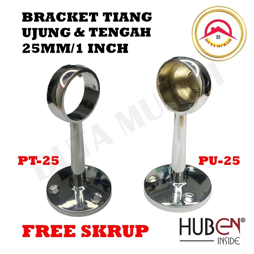 Braket sock Tiang Pipa Bulat Aluminium chrome stanless  Tembus Buntu 25mm (1inchi)