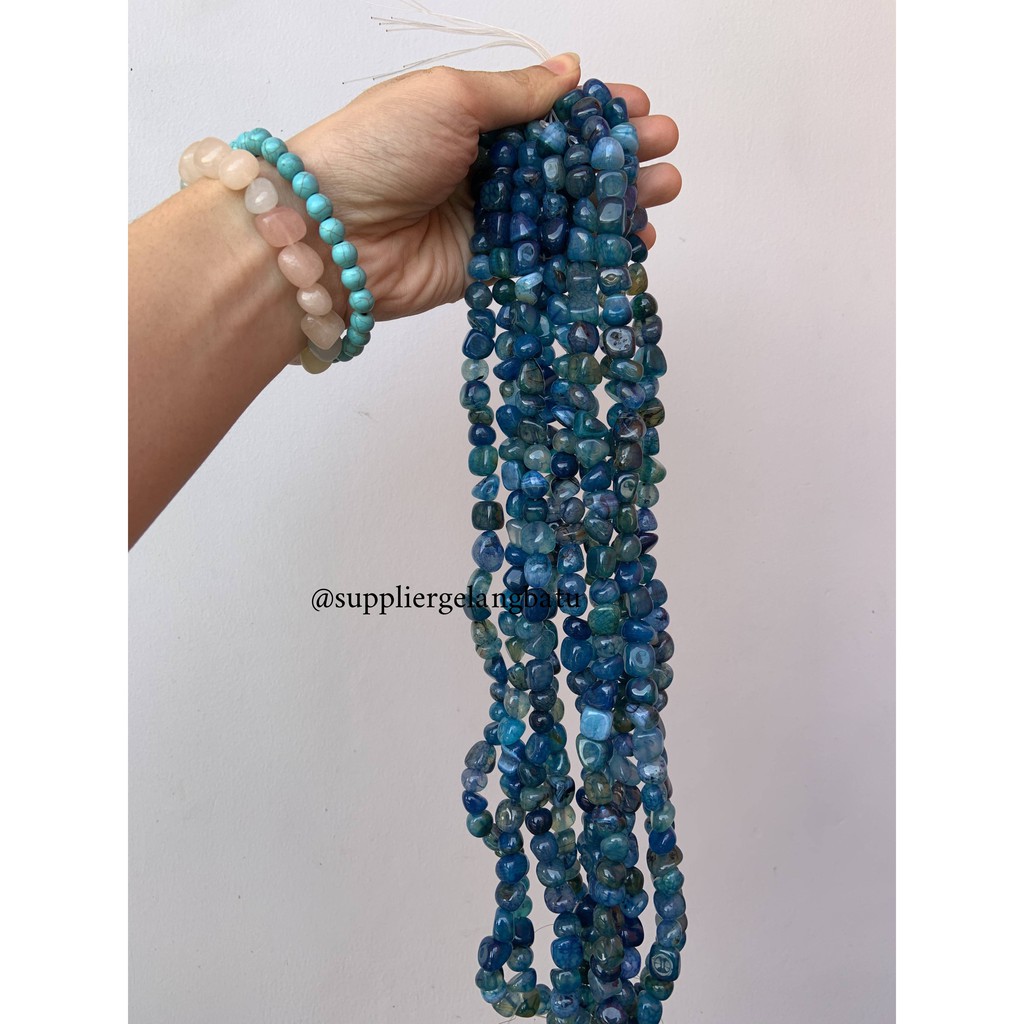 manik Batu alam BLUE ONYX biru serat Beads 12 x 10mm bahan kerikil