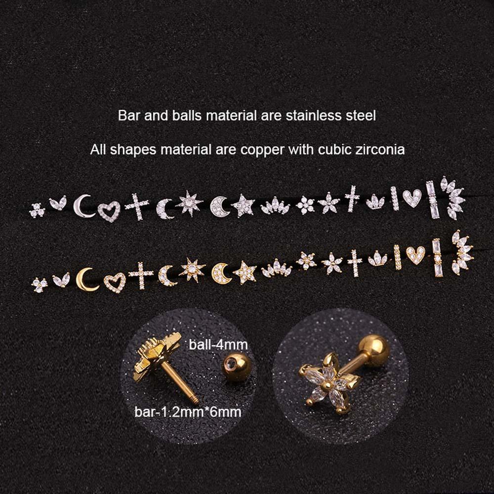 Needway Stud Earring Keong 1Pc Tulang Rawan Tragus Jantung Salib Bulan Berlian Imitasi Zirkon Perhiasan Tindik