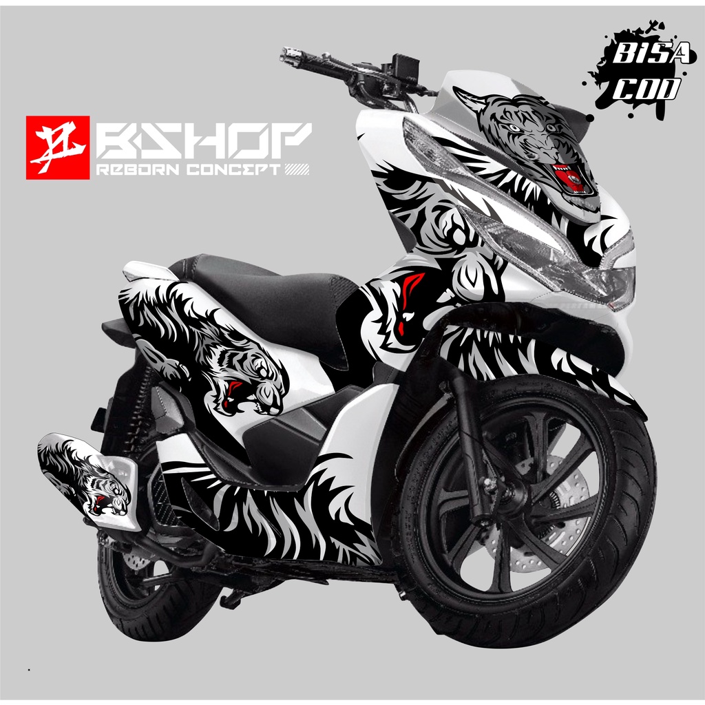 DECAL STICKER PCX 150 TIGER PUTIH VARIASI FULL BODY MOTOR TERBARU