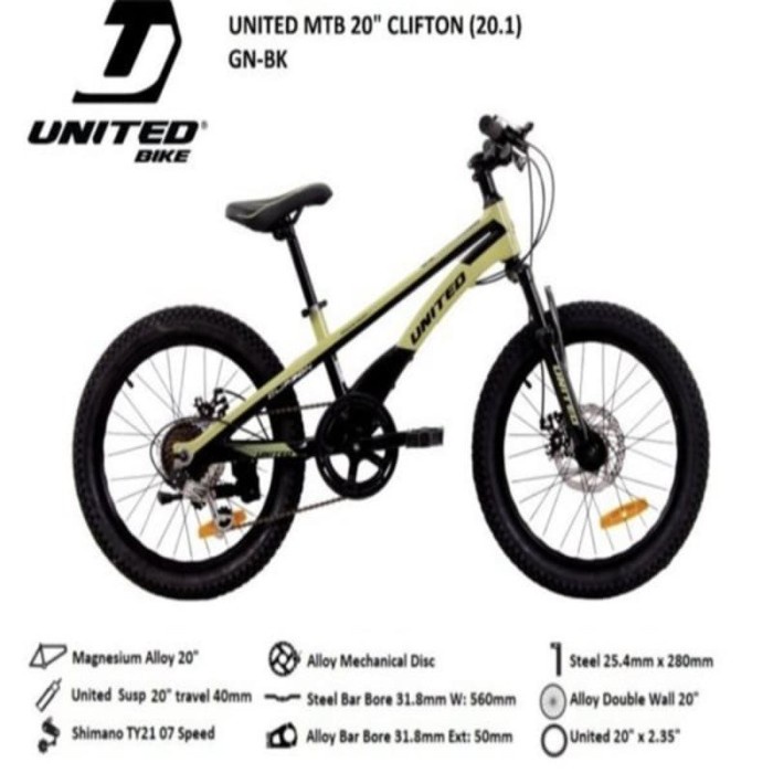 Sepeda gunung mtb 20 inch United Clifton 2021 Alloy 7 speed shimano