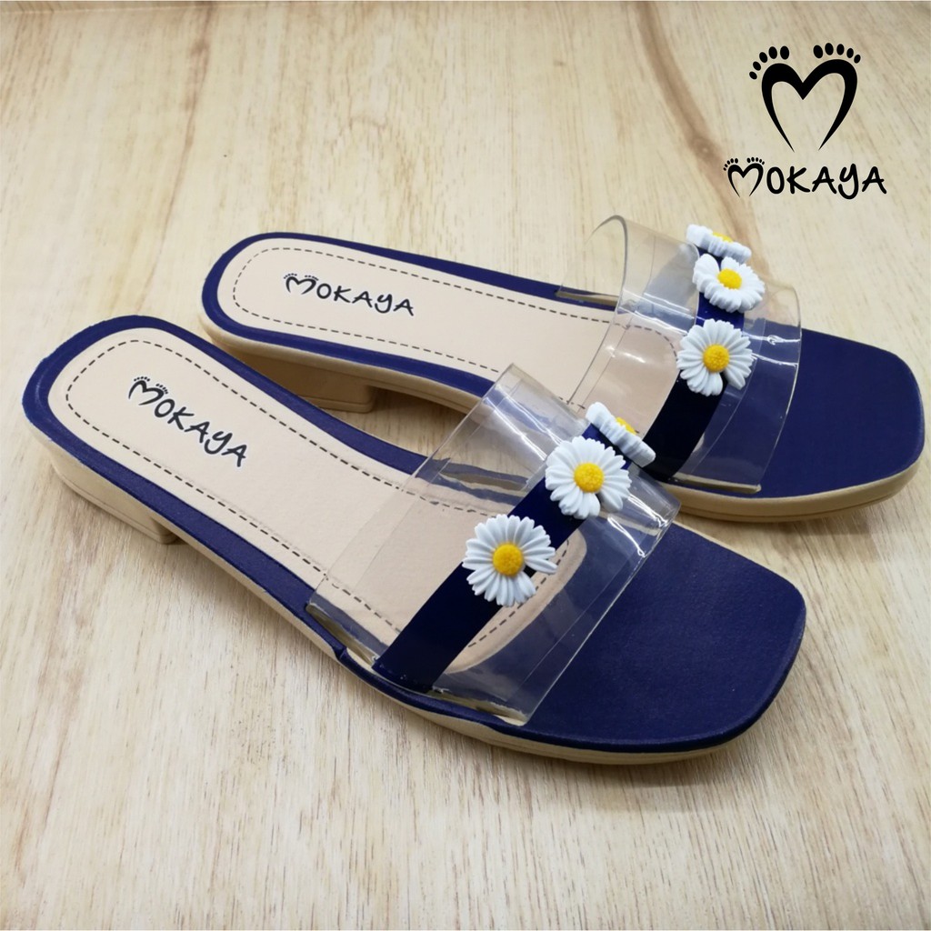 Sandal Slop Wanita hak 2cm Mika Bening 3 Bunga kecil Cantik Import Mokaya / size 36-40 (LLJ-168-2)-Biru