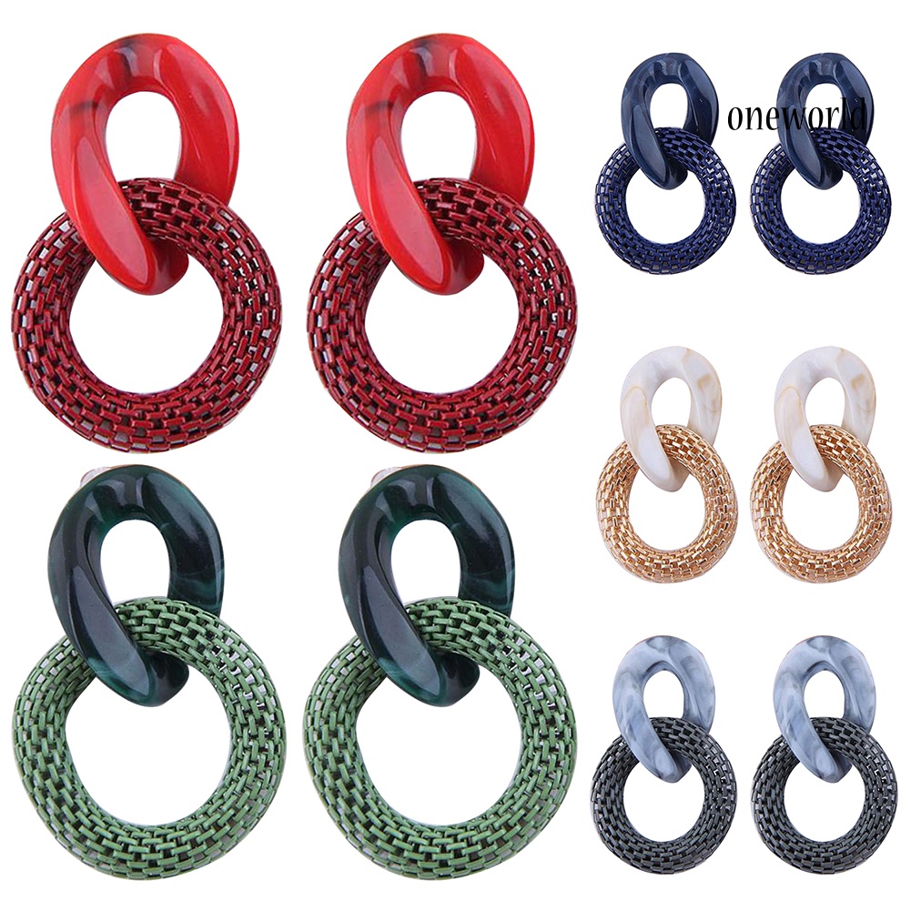 OW@ Women Fashion Acrylic Mesh Linked Circle Pendant Stud Earrings Party Jewelry