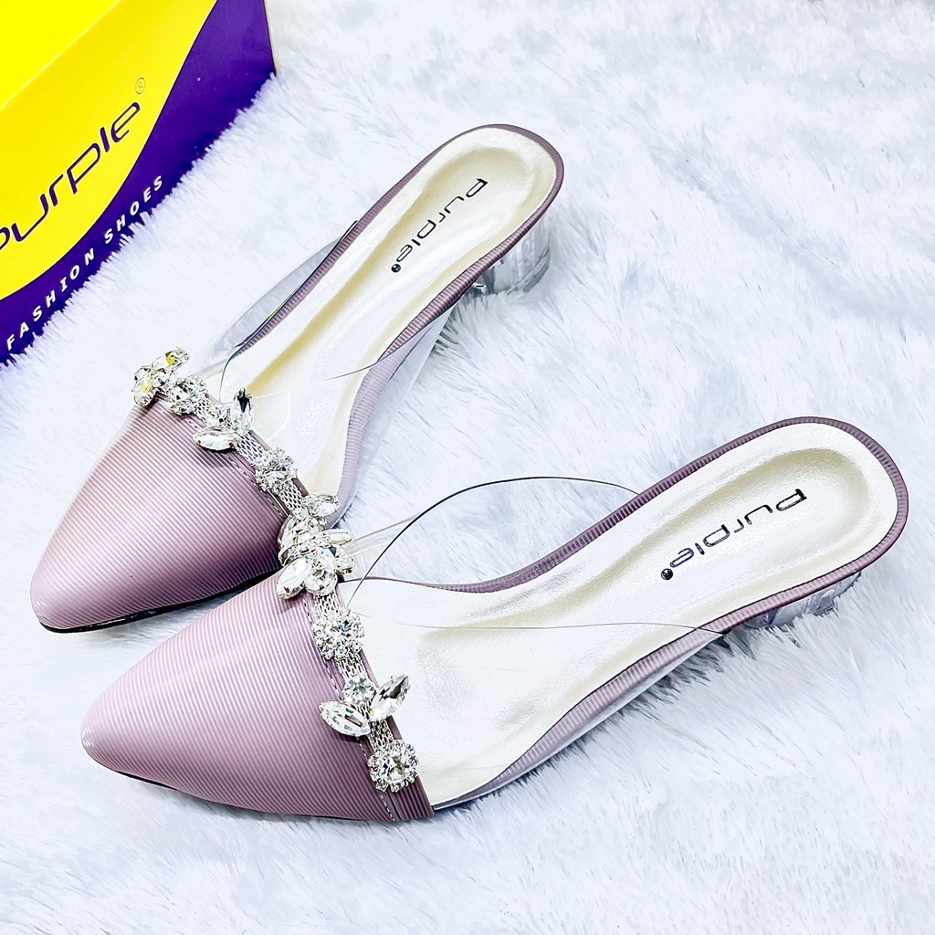 Sandal Heels 5cm Pesta Hak Kaca Merk Purple