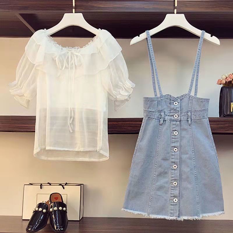 Big fat sister summer new suit women's foreign style thin shirt aging denim strap dress two-piece