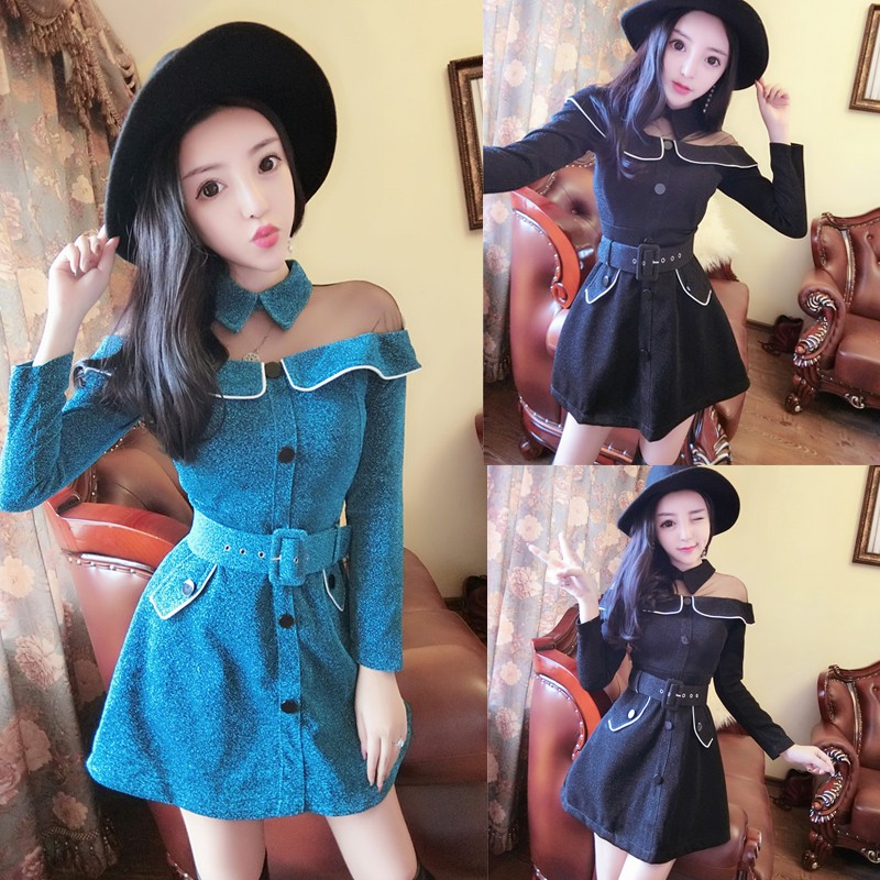 BFS.123 gaun terusan model Korea style Keren warna hitam lengan panjang sabrina tile