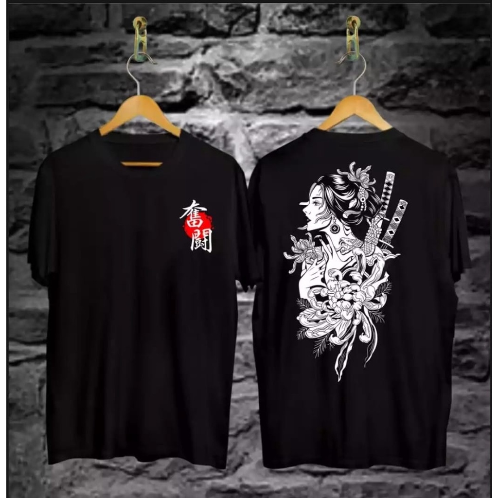 KIYOWO Baju Pakaian Pria Atasan Kaos Hitam Motif Geisha Samurai Termurah