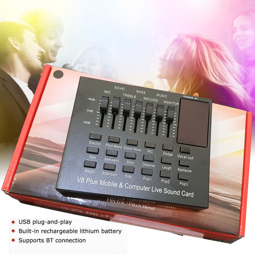 V8 Plus Full Black Bluetooth Audio Mixer USB External Soundcard Live