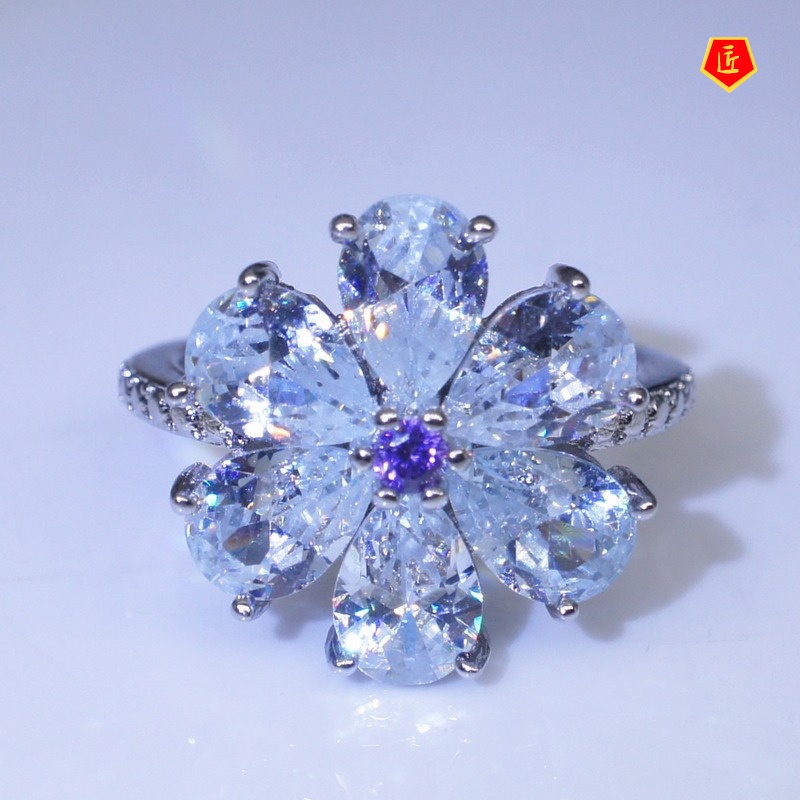 [Ready Stock]Inlaid Amethyst Snowflake Zircon Ring Fashion Luxury