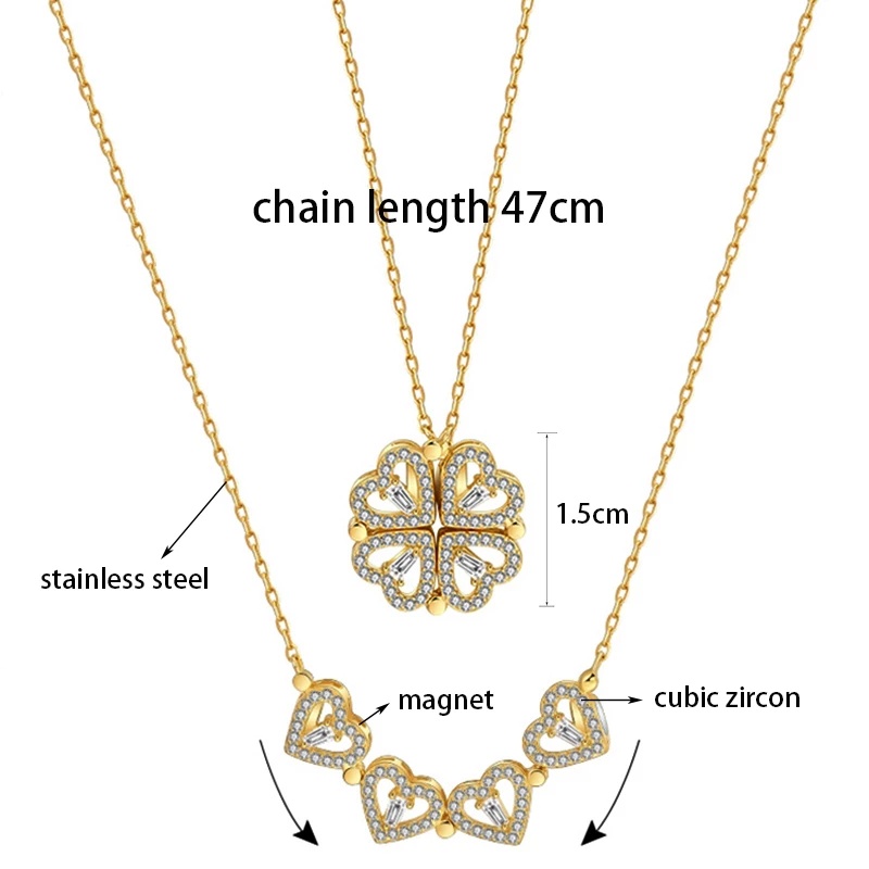 Kalung Rantai Liontin Hati Clover Empat Daun Model Lipat Magnetik Bahan Cubic Zirconia Untuk Wanita