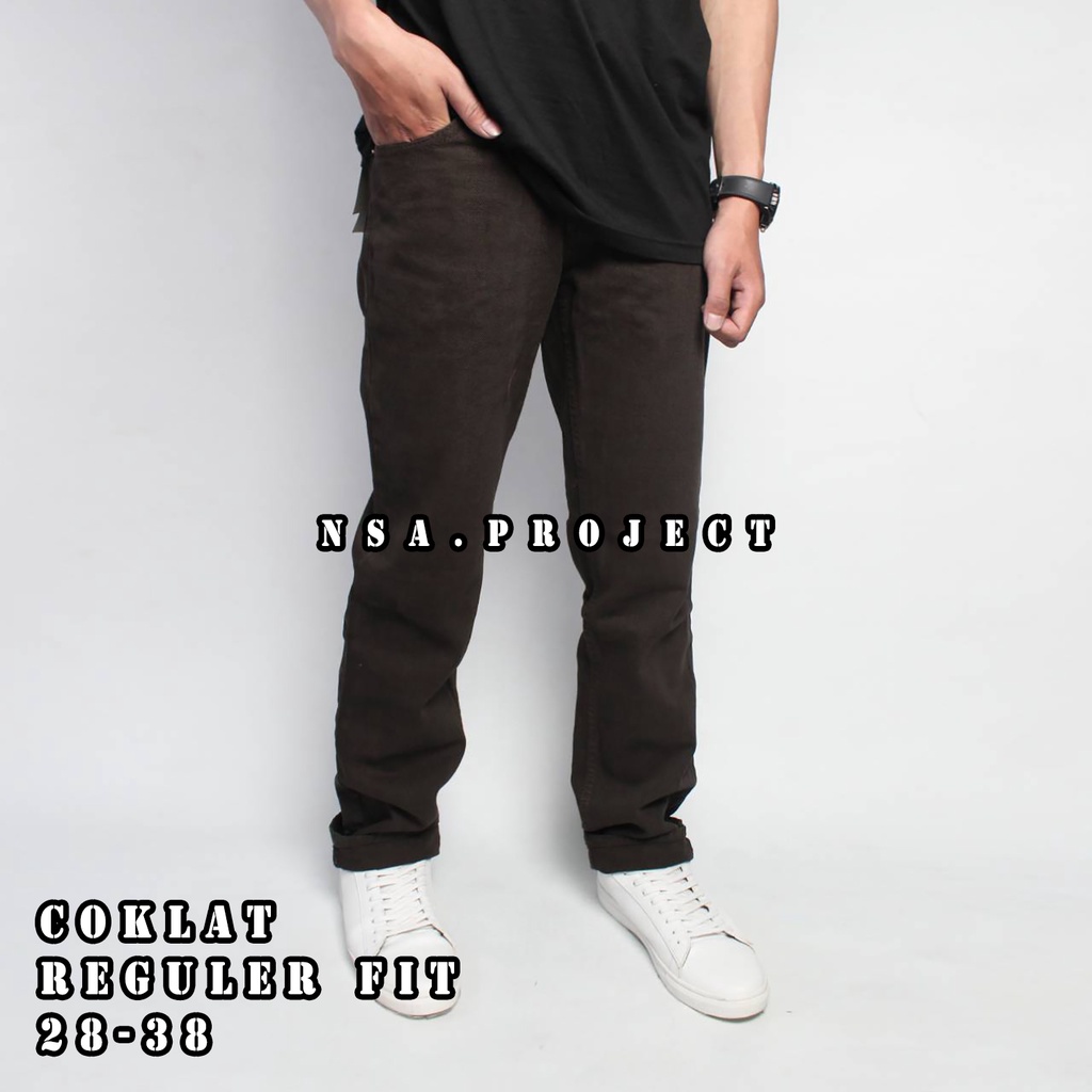Celana Jeans Reguler Standar Fit Pria Cowok Coklat