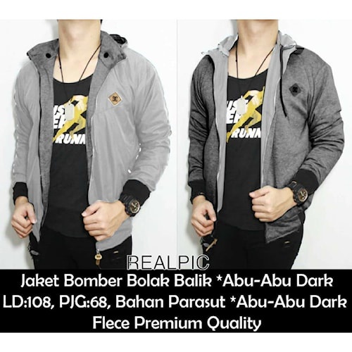 Jaket Pria Bomber Hoodie Bolak Balik - Grey
