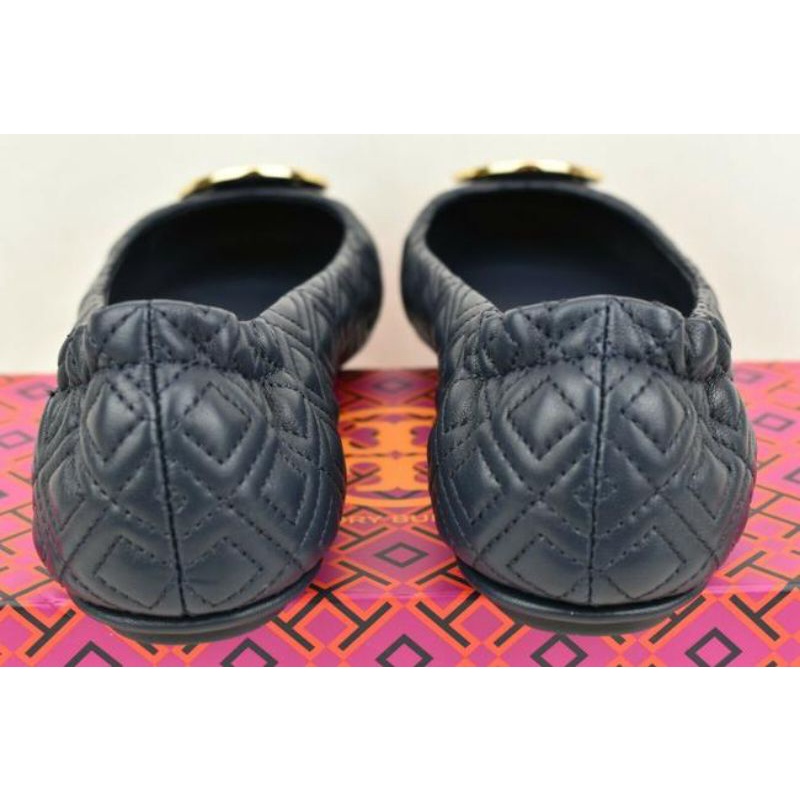 Tory Burch Minnie Quilted Black Nappa Leather Gold Ballet Flats