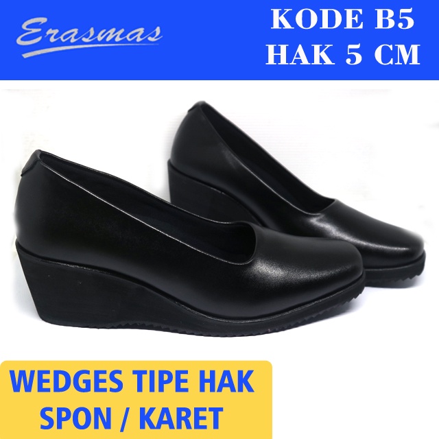 Sepatu Wedges Hitam Hak Karet 5 Cm Sepatu Kerja Wanita Sepatu Wedges Persit Bhayangkari B5 Erasmas