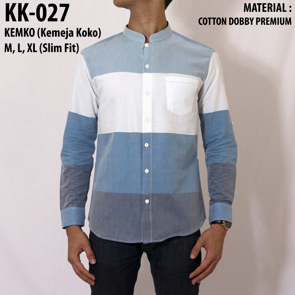 Kemeja Koko N-One Putih Biru Lengan Panjang Slim Fit