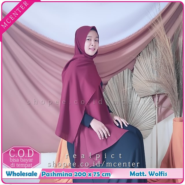 Pashmina Wolfis 200x75 syari Woolpeach Ala Sabyan Malay Crepe Polos