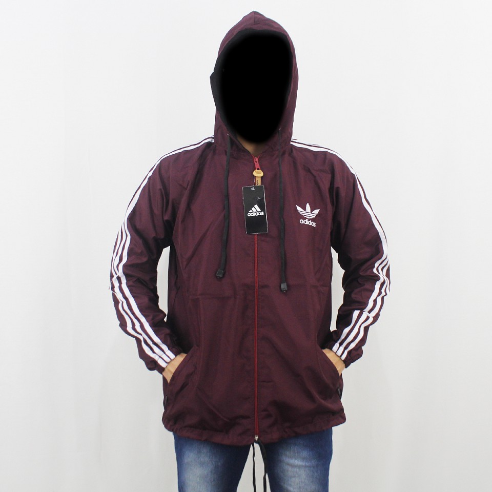 JAKET PARASUT JUMBO ADIDAS WINDBREAKER MARUN LIST PUTIH - JAKET OLAH RAGA PRIA -JAKET JUMBO XL XXL