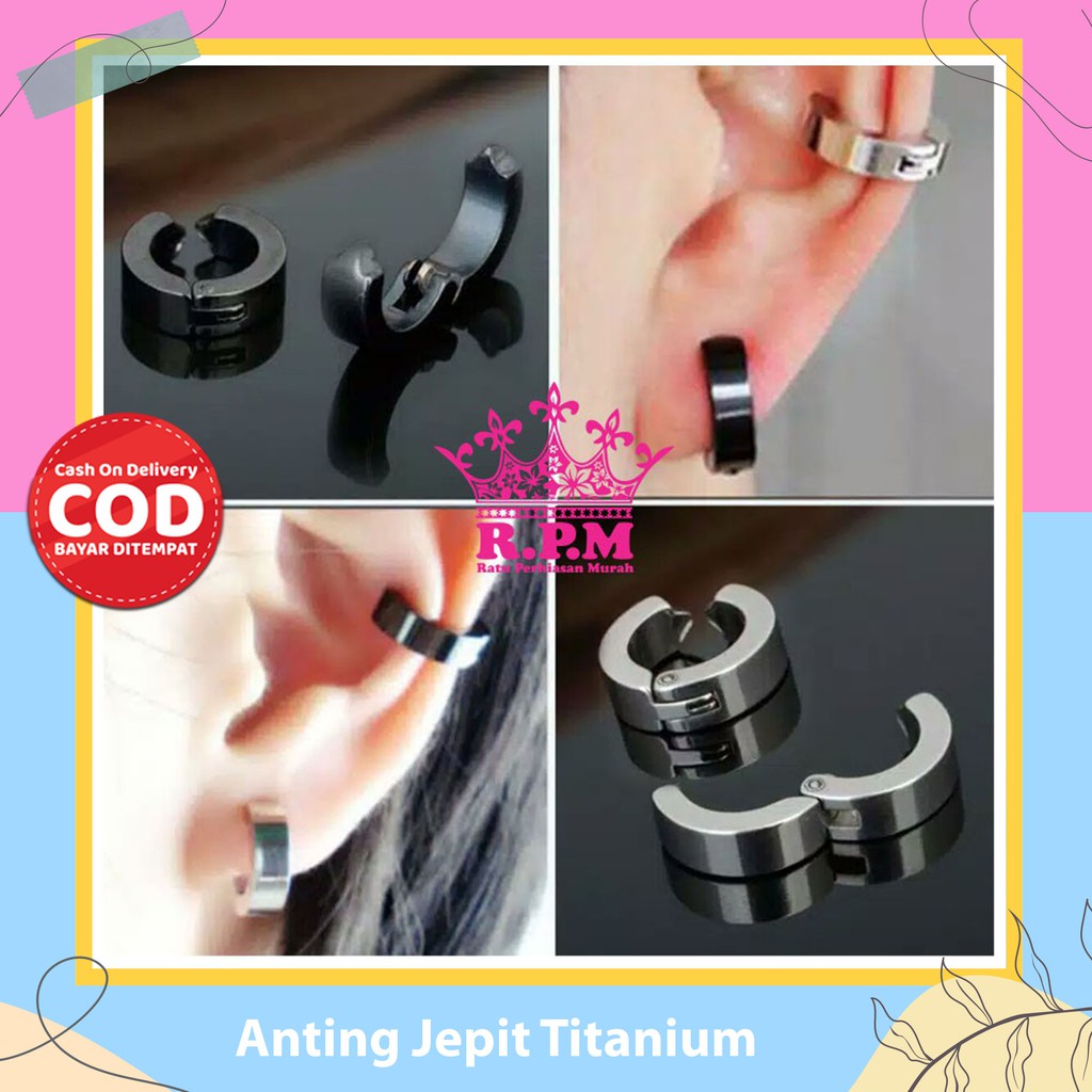 Tindik Pria Anting Earing Cowok Titanium Black Silver Anting Jepit Sepasang