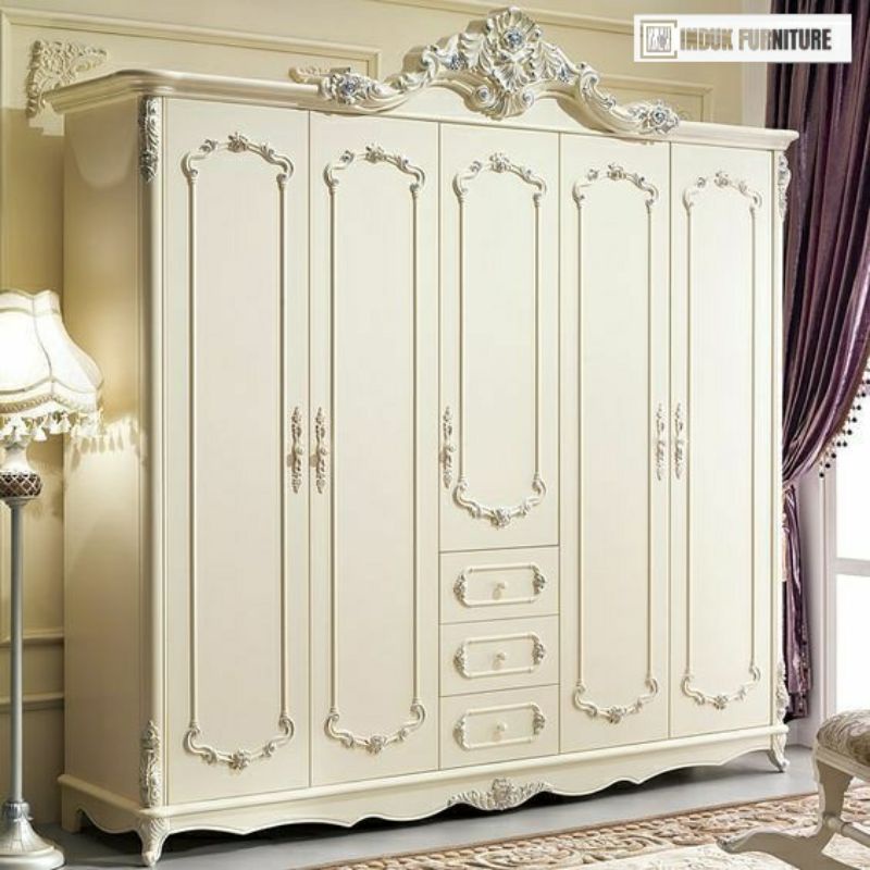 LEMARI 5 PINTU UKIR LUXURY. LEMARI 5 PINTU MEWAH DUCO PUTIH GLOSY