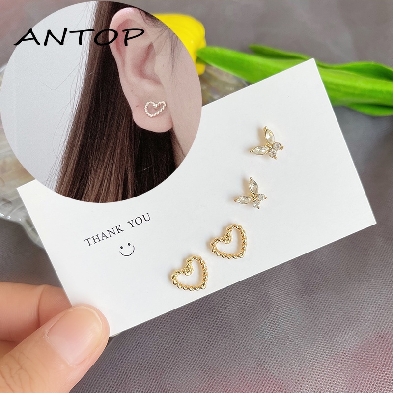 Korea Fashion Anting-Anting Sederhana Temperamen Paduan Telinga Studs Set Kupu-kupu Cinta Hati Perhiasan Untuk Wanita ANTOP