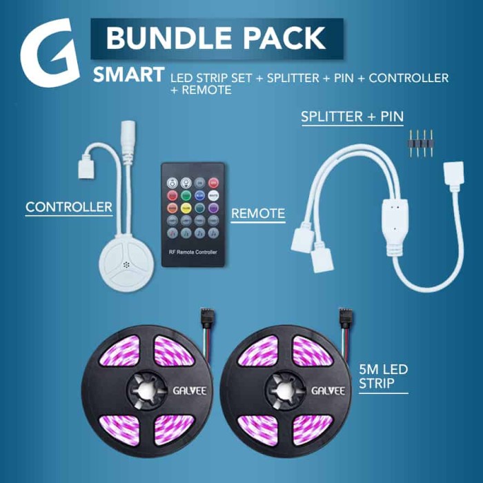 Galvee Bundle Led Strip Rgb 10M 10 Meter + Controller + Splitter