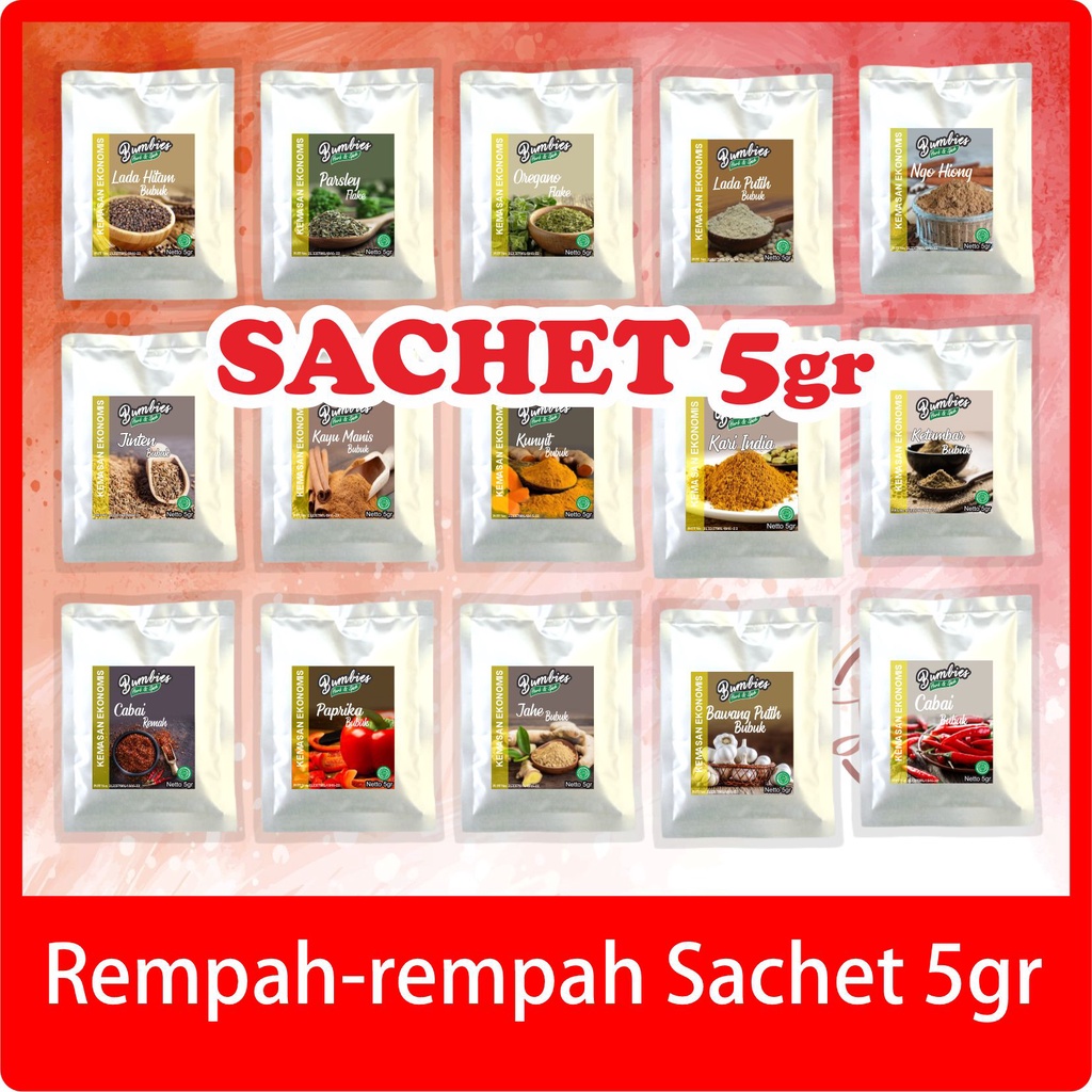 Rempah-Rempah Sachet Kemasan ekonomis 5gr Bumbies Product | Biji Wijen Bawang Putih Bawang Bombay Bawang Merah  paprika oregano parsley thyme basil rosemary kare india Jahe Cabai Cabe Garam Himalaya Jinten Kayu Manis Kunyit Lada hitam lada putih ngohiong