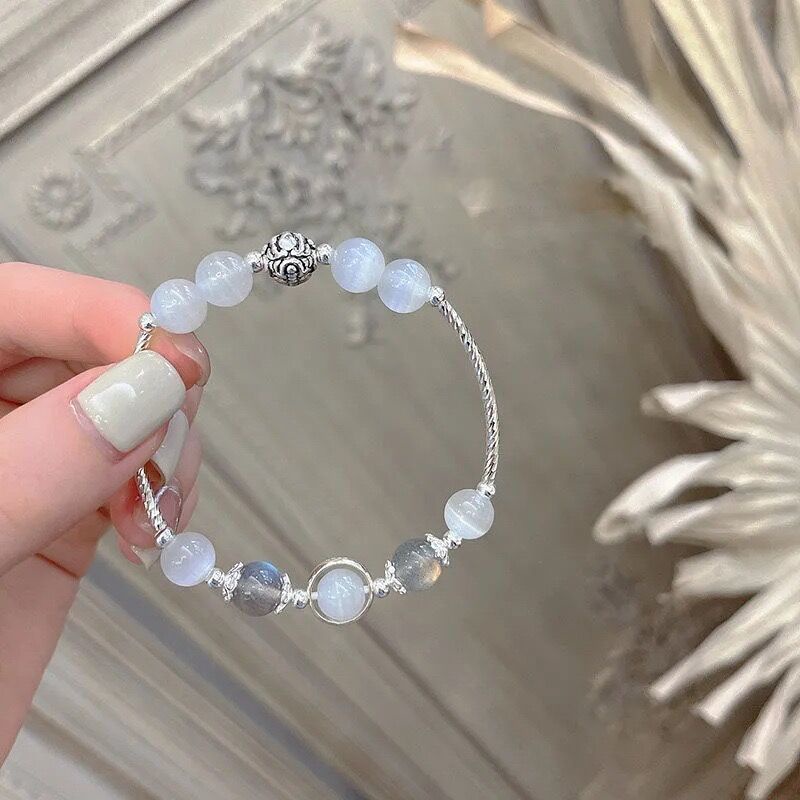 Gelang Tangan Silver Antik Hias Batu Opal Moonstone Untuk Pria Wanita