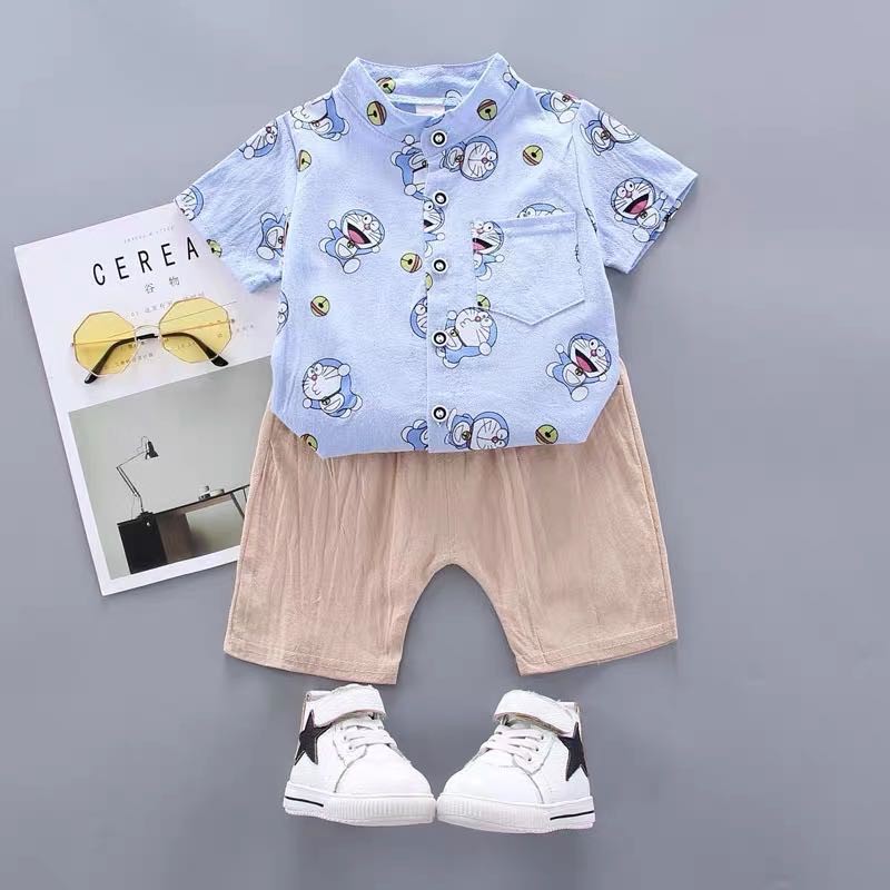 kemeja+celana anak laki laki/setelan kemeja anak cowok Doraemon Lucu Import Katun Umur 9 Bln-3 Thn-Doraemon Biru