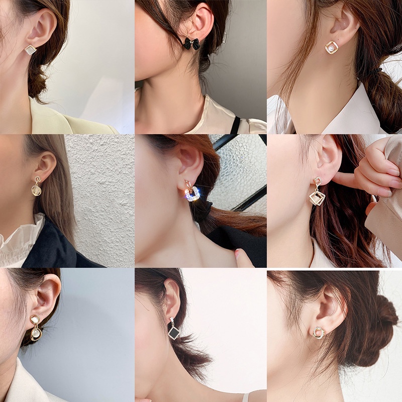 Korea busur geometris persegi elegan hitam fashion sterling silver jarum stud anting-anting sederhan