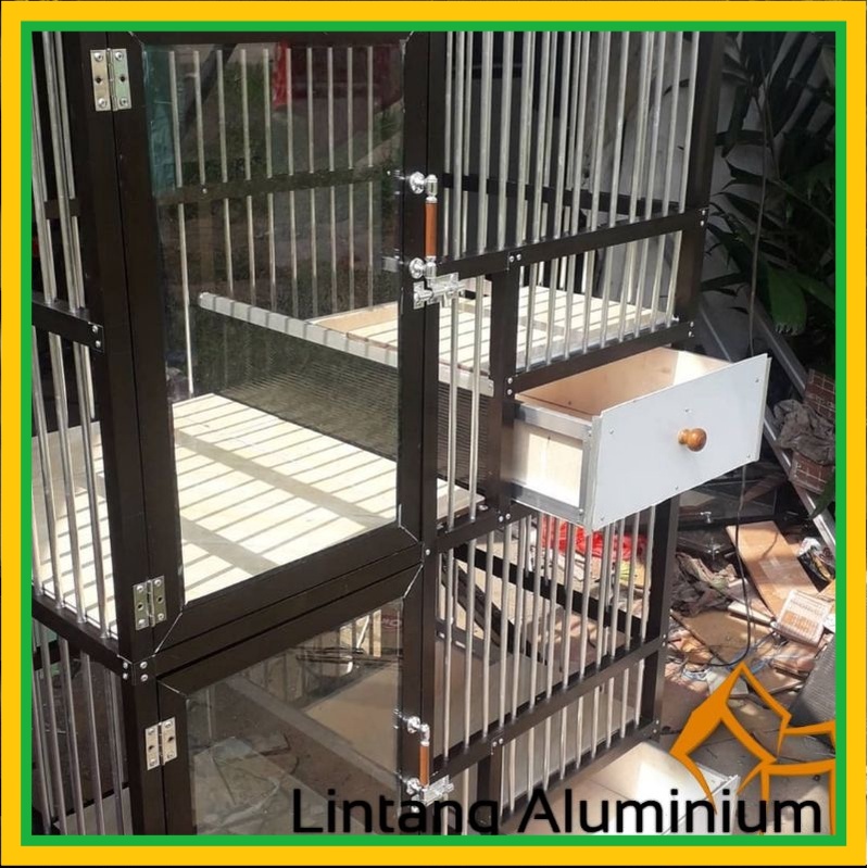 Kandang Kucing Aluminium // 2Tingkat Pintu Kaca// Slorok