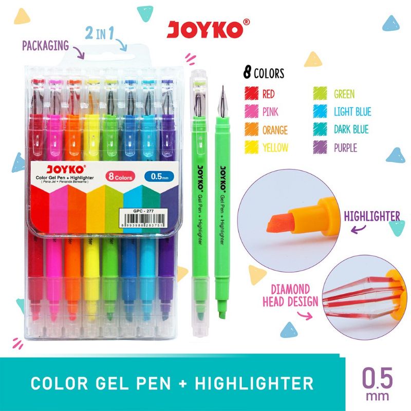 Color Gel Pen Pena Jel + Highlighter Penanda Joyko GPC-277 8 Warna highlighter joyko GPC 277