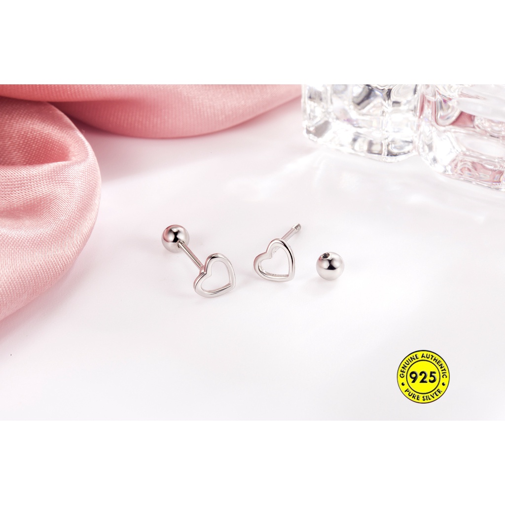 Anting Stud S925 Silver Bentuk Hati Model Hollow Untuk Wanita