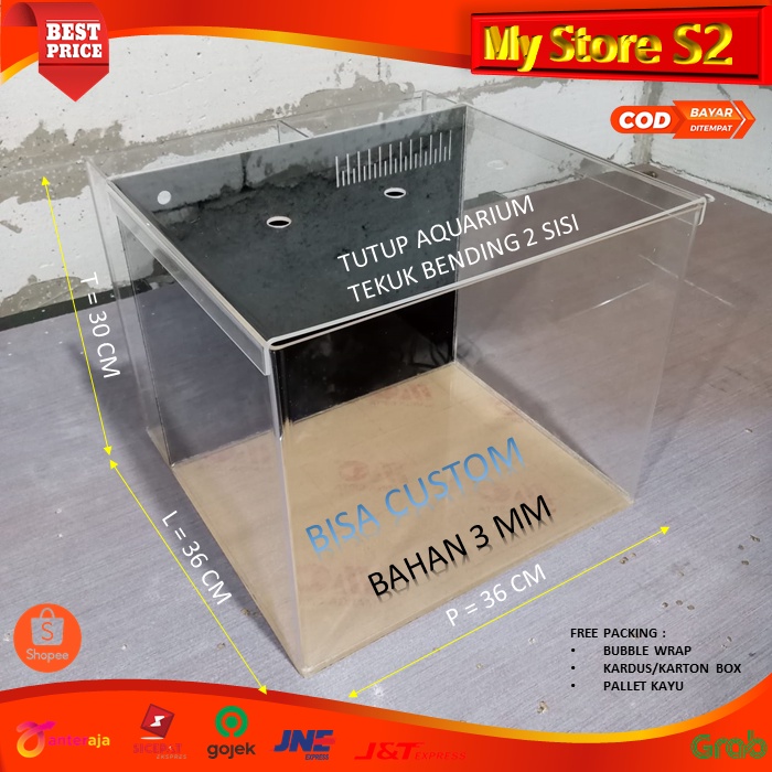 AQUARIUM AKRILIK TANK BENDING PLUS RUANG SUMP FILTER 2 CHAMBER DAN TUTUP AQUARIUM 36X36X30 CM - BISA