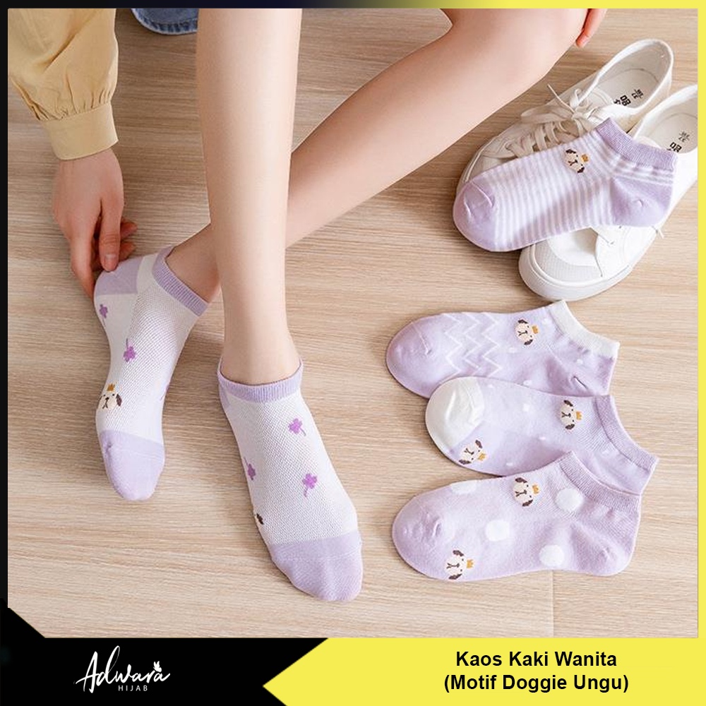 Kaos Kaki Wanita Pendek Semata Kaki Motif Doggie Ungu Gaya Fashion Korea