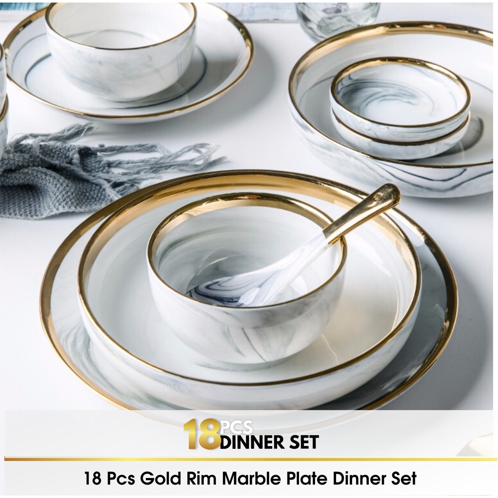 Set 18 &amp; 26 PCS Piring Mangkok Mangkuk Makan Keramik Bowl Set Marble Marbel Plate Gold Rim