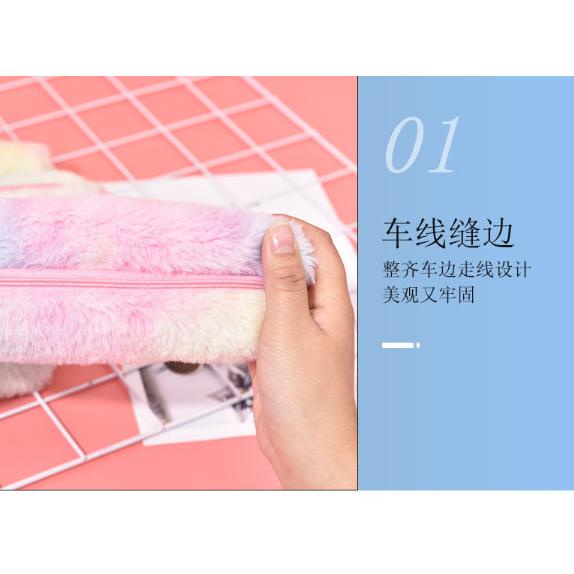 DOMPET PENSIL KOTAK PENSIL BULU UNICORN RAINBOW