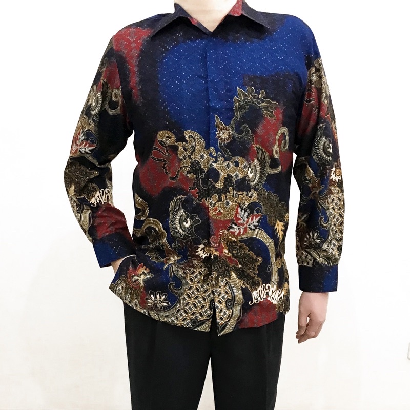 Baju Batik Modern Pria Katun ( Blue Navy Red Gold )
