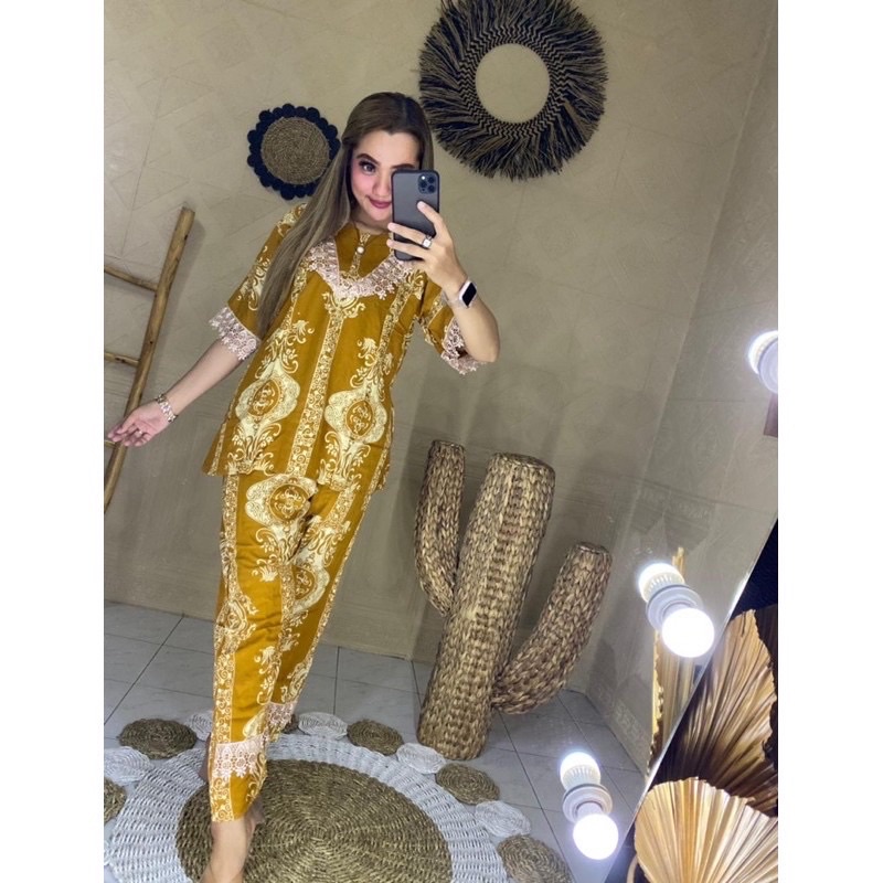 Terlaris Cp Renda/Arabian/Setelan Renda Sultan/Fasion Wanita/Daster Arab/Piyama/Baju tidur/Dlusia/Termurah-SET.KUNING KUNYIT