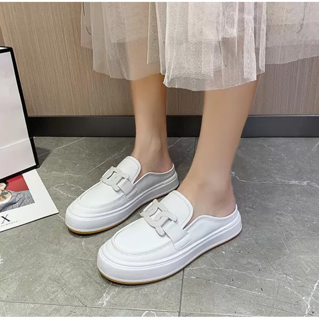 [✅BISA COD] 7763 WOMEN LEATHER HALF SHOES SLIP ON (REAL PICTURE)