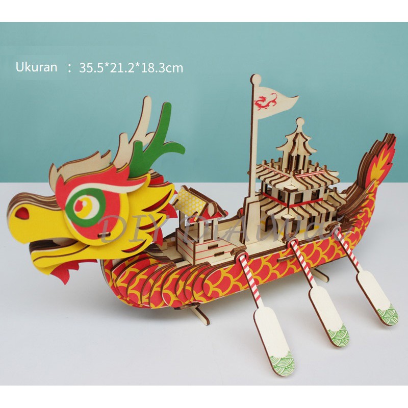 Puzzle 3D DIY bahan kayu model Dragon Boat / Kapal Naga mainan puzzle edukasi anak (kado &amp; pajangan)