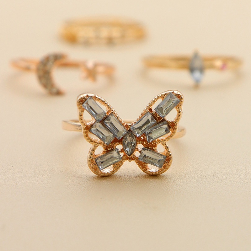 4pcs / set Cincin Model butterfly Terbuka Desain Bintang Bulan Mata Kuda Aksen Berlian Imitasi