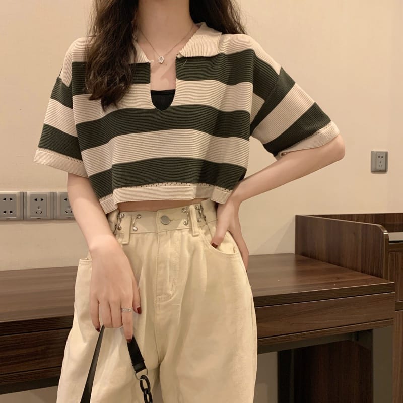 Korean Stripped Short Sleeve Collar Kemeja Crop Top 2072/sweater fuji/atasan fuji