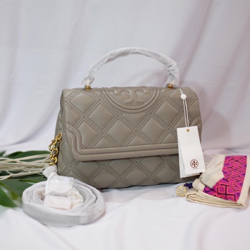 TB tory burch fleming soft top handle grey heron