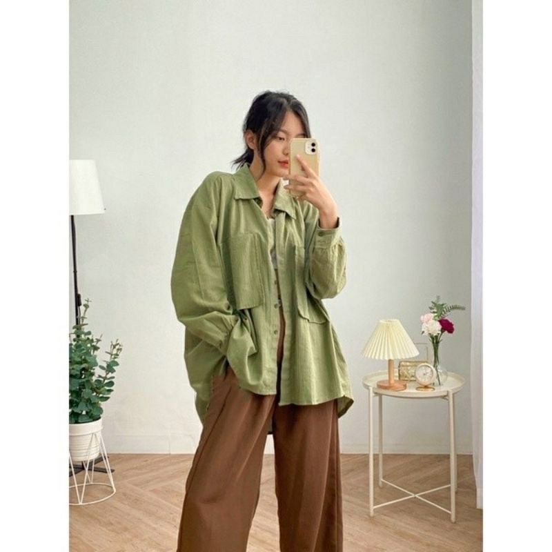 Poket Outfit linen crinkle / Kemeja wanita outer terbaru