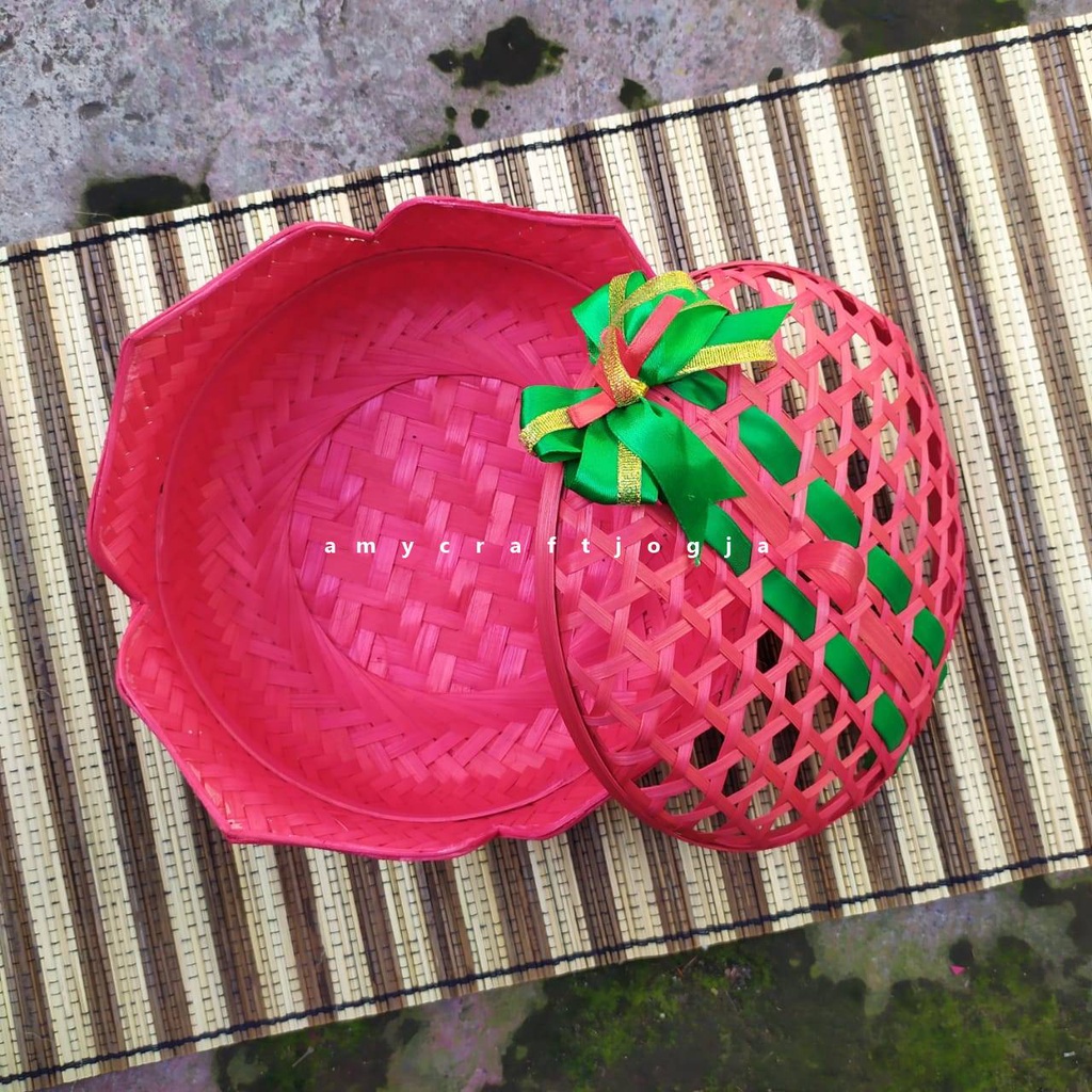 Teratai Bambu Warna Hias Pita Ukuran 17 - 25 cm/Wadah Bekal Makanan/Wadah Bambu Unik/Packaging Bambu