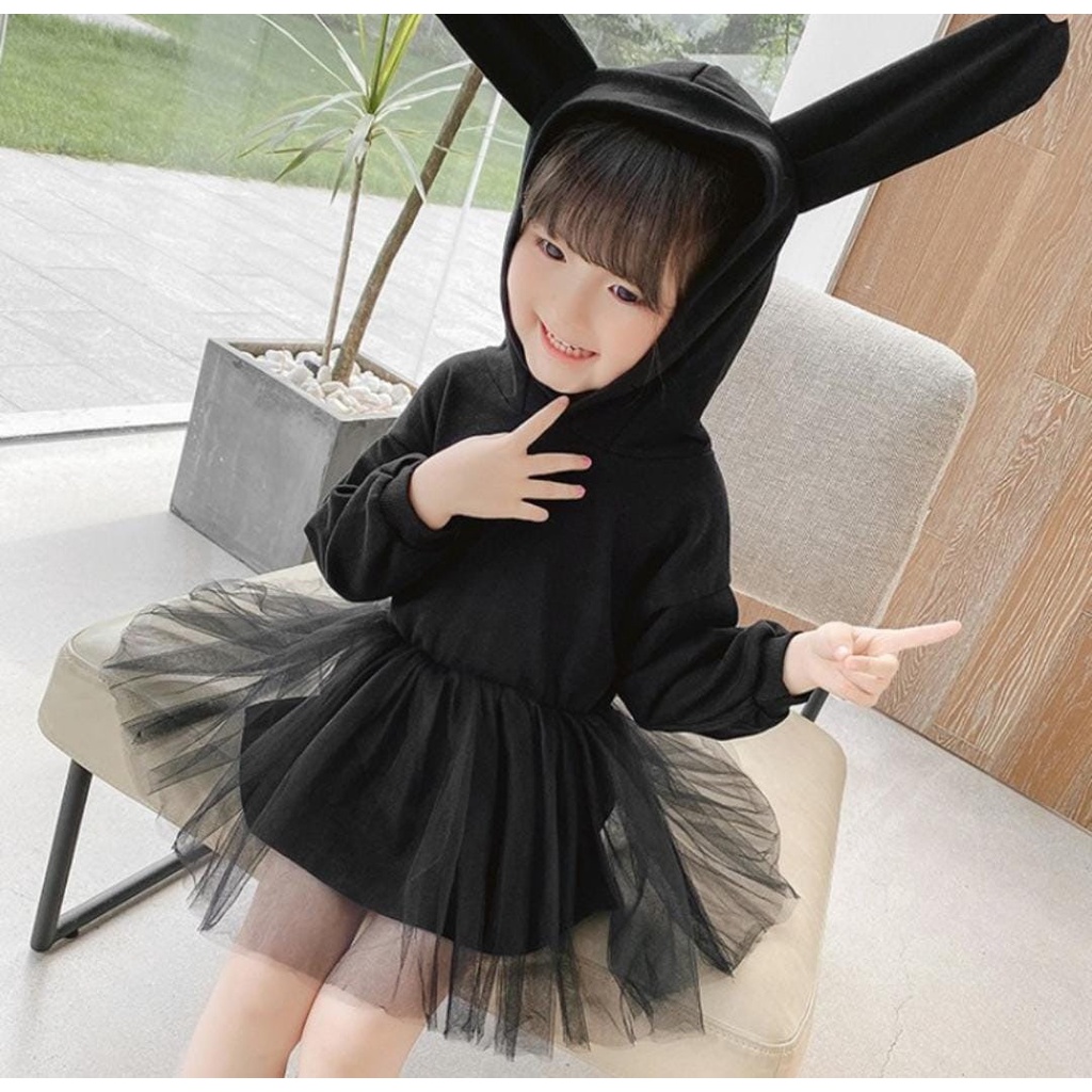 Promo !! Dress anak cewek - dress tutu hodie bunny cute import ukuran 1tahun-3tahun (WARNA : pink, hitam)