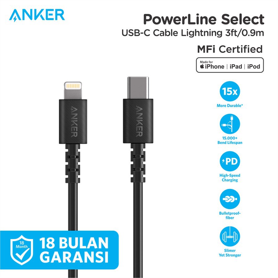 Kabel Charger Anker PowerLine Select C to Lightning 3Ft Kabel Charger Iphone New Original Anker