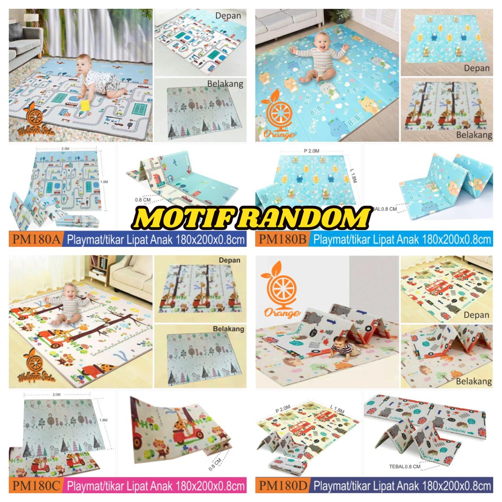 Playmat Premium Anak Bayi Lipat Tebal 5mm Double Pad 2 Ukuran Motif Random Playmat 180 x 200cm Alas Main Anak Tikar Bermain sangat Aman-PM180CM