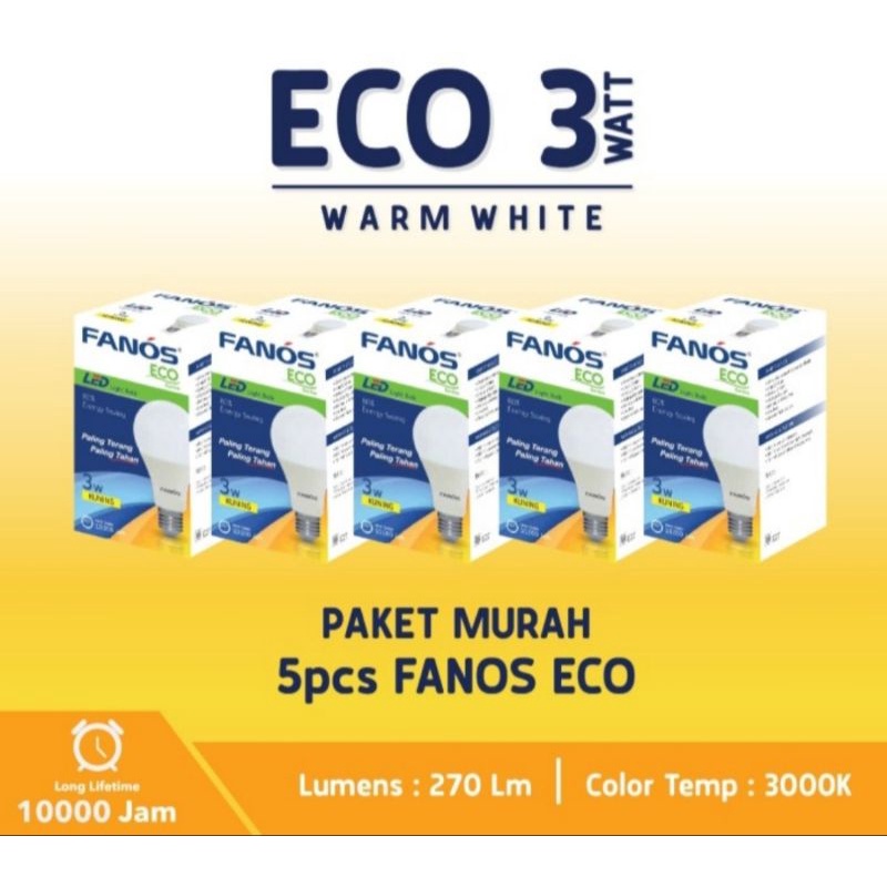 lampu LED fanos eco 3 Watt ww kuning 5 pcs